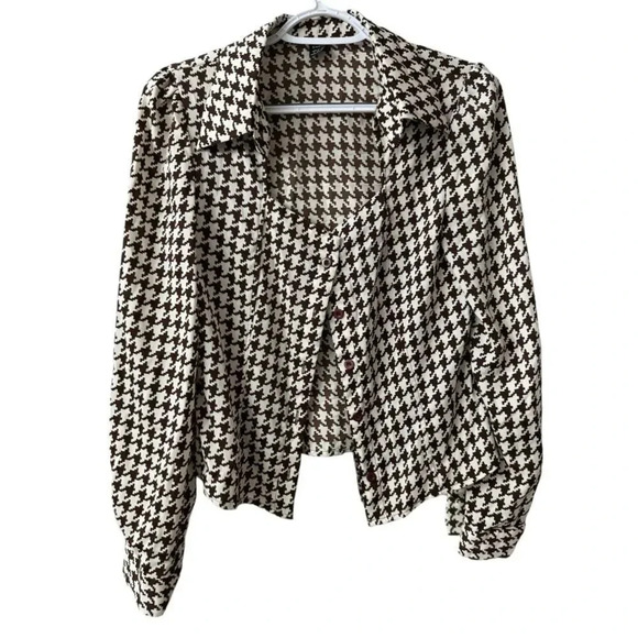 Tops - Houndstooth Brown and White Long-sleeve Button Up Collared Blouse Size Small 4